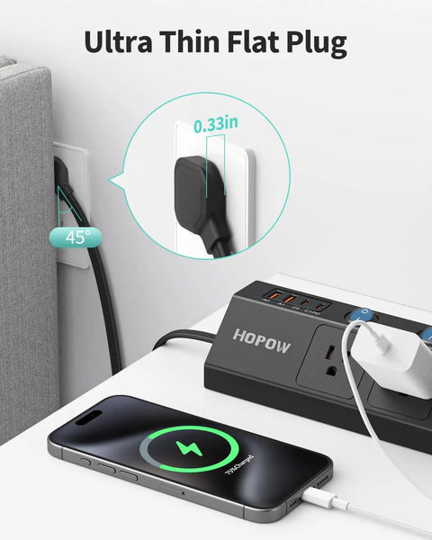 Ultra-thin flat plug power strip with individual switches, 10 ft extension, 5 outlets, USB-C and USB-A ports, wall-mounted.