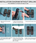 Installation diagram for Heavy Duty Stainless Steel Barn Door Lock And Sliding Gate Hasp With Rustproof Buckle Latch, showing steps without drilling.