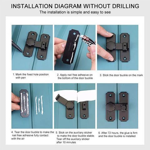 Installation diagram for Heavy Duty Stainless Steel Barn Door Lock And Sliding Gate Hasp With Rustproof Buckle Latch, showing steps without drilling.