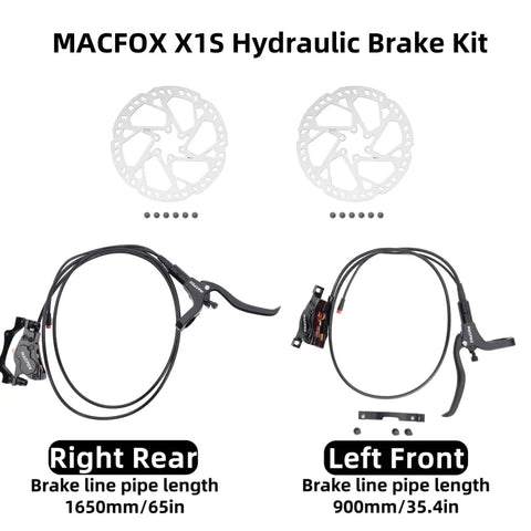 Four Piston Hydraulic Disc Brake Replacement Kit For X1S E Bike Upgrade, showing right rear and left front components