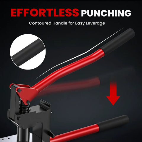 Heavy-Duty Metal Stud Punch Set with rubberized handle for 20 gauge sheet metal; manual lever for conduit, cabinet, HVAC use.