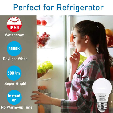 Woman opening fridge with LED Refrigerator Light Bulb 60W Equivalent A15, 600 Lumen, 7W, daylight 5000K features displayed
