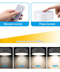 Remote Puck Lights Kit, 3 Pack With 13 Color Changing Under Cabinet Lights, Wireless Battery Powered Dimmable Stick On Lights showing remote and press control options with brightness levels.