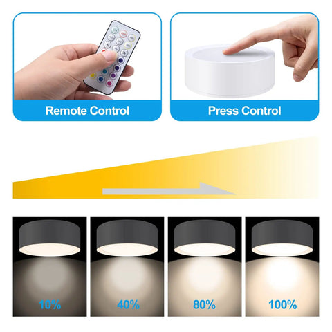 Remote Puck Lights Kit, 3 Pack With 13 Color Changing Under Cabinet Lights, Wireless Battery Powered Dimmable Stick On Lights showing remote and press control options with brightness levels.