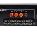 Back view of the Six Zone 180W 70V Commercial Amplifier with various input and output ports, power cord attached.