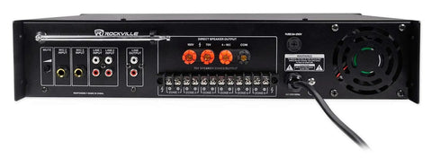 Back view of the Six Zone 180W 70V Commercial Amplifier with various input and output ports, power cord attached.