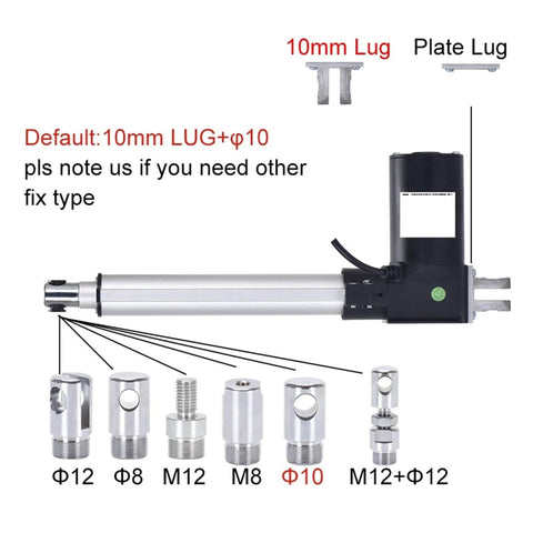Beefy Electric Linear Actuator 100mm Stroke, 6000N High-Force, detailed lug and fix type options diagram