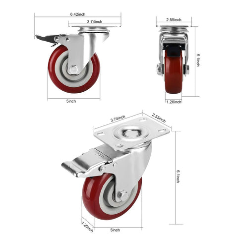 PRITEK 5in swivel caster with red rubber wheel; front and side views show plate mount, brake, 1500 lb capacity, 4-pack
