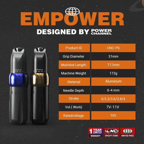 Rotary Tattoo Pen Machine P6 With Five Level Stroke Settings And Custom X-I Motor, gray and gold options displayed