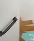 Heavy Duty 12 Inch Square Matte Black Staircase Handrails In A Two Pack Feature Solid Steel Construction For Indoor And Outdoor Step Support With Wall Mount Safety Grab Bars And Smooth Gate Handles Built Like A Damn Tank To Catch You Securely On Slippery - close-up of matte black handrail mounted on wall.
