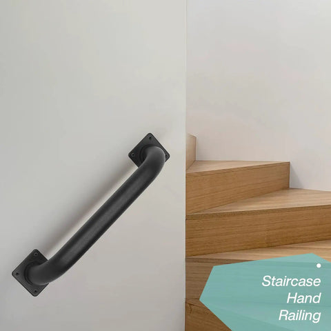 Heavy Duty 12 Inch Square Matte Black Staircase Handrails In A Two Pack Feature Solid Steel Construction For Indoor And Outdoor Step Support With Wall Mount Safety Grab Bars And Smooth Gate Handles Built Like A Damn Tank To Catch You Securely On Slippery - close-up of matte black handrail mounted on wall.