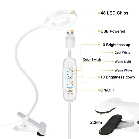 Lit Desk Clamp Lamp With LED Ring Light Featuring 3 Color Temperatures And 10 Brightness Levels Each For A Total Of 30 Modes, 360 Degree Gooseneck, Eye Caring Light With USB and control features.