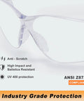 Close-up of 12-Pack Anti Fog Scratch Resistant Safety Glasses For Men And Women With Wraparound Clear Lenses Non Slip Orange Rubber Grips