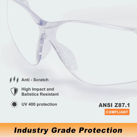 Close-up of 12-Pack Anti Fog Scratch Resistant Safety Glasses For Men And Women With Wraparound Clear Lenses Non Slip Orange Rubber Grips