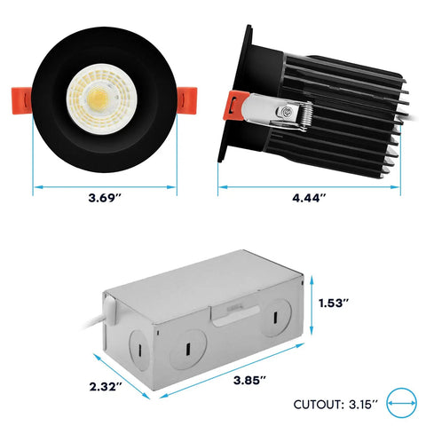 3 Inch Led Canless Recessed Downlights 6 Pack Regressed Spotlights Slick Black Trim dimensions and features with cutout size.