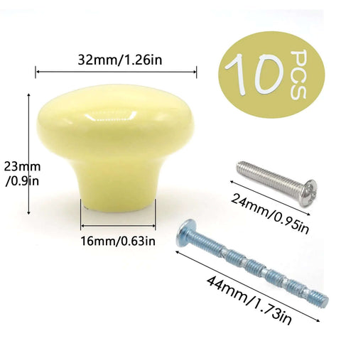 Light Yellow Ceramic Cabinet Knobs And 32 Millimeter Round Drawer Pulls Featuring A Knockout Matte Finish And Dang Easy Hardware Setup For Kitchen Cupboards And Vanities Snagged In A Ten Pack Bundle with measurements.