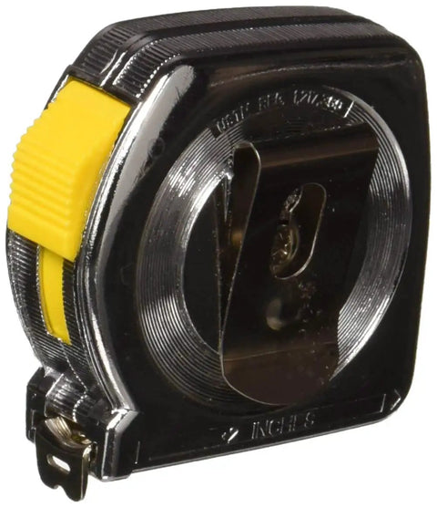 Back view of Yellow PL12 One Half Inch Tape Measure Heavy Duty Tape Rule For Shop Home And Field Use with metal clip