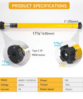 Product specifications of solar powered battery motor kit with measurements and technical details visible.