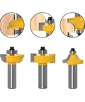 Awesome 3PC Router Bit Set For Beading And Round Over Profiles With Tv Cutter, showing high speed steel blades and profiles.