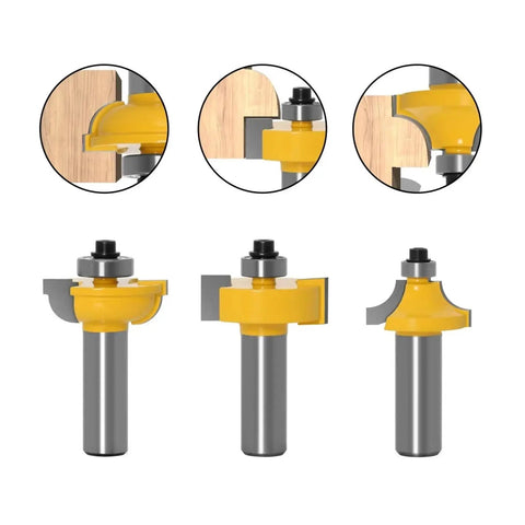 Awesome 3PC Router Bit Set For Beading And Round Over Profiles With Tv Cutter, showing high speed steel blades and profiles.