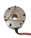Forklift driving wheel brake assembly, circular metal housing with splined bore, orange zip ties, 24V DC, Amazon BISS.