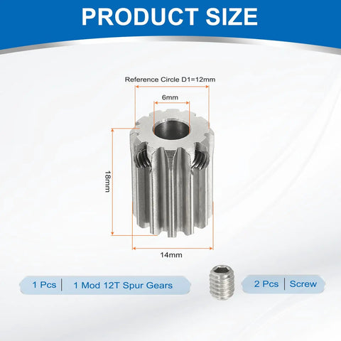 Mod 1 12T Spur Gear 5mm Bore Stainless Steel Pinion Gear 304 Stainless, 20 Degree Pressure Angle For RC Cars Trucks Spur Rack And DIY Motor Projects For Hobbyists, 12x18mm