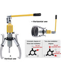 Heavy Duty 5 Ton Hydraulic Puller With Interchangeable Two And Three Jaw Claws for horizontal and vertical use diagrams.