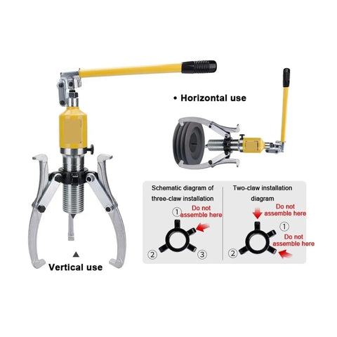 Heavy Duty 5 Ton Hydraulic Puller With Interchangeable Two And Three Jaw Claws for horizontal and vertical use diagrams.