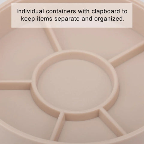 Close-up of round plastic tray with individual containers for organizing watch parts, featured in a Colorful 5 Layer Watch Parts Storage Box Organizer.