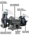 Heavy Lifter 10 Inch Bench Grinder features adjustable spark guards and 46G & 24G grit grinding wheels for metalwork.