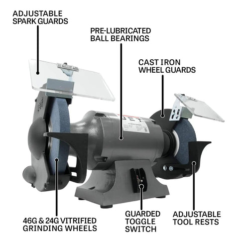 Heavy Lifter 10 Inch Bench Grinder features adjustable spark guards and 46G & 24G grit grinding wheels for metalwork.
