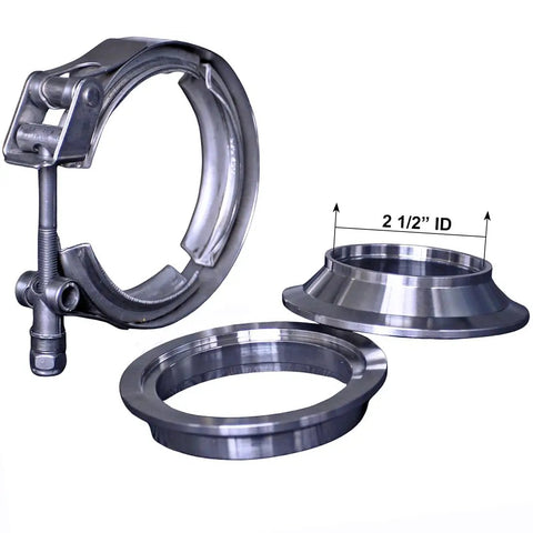 2.5 To 3 Inch Exhaust V Band Adapter Reducer Coupler Stainless Steel 3 To 2.5 Inch Header Collector Reducer Transition Reducing V Band Flange Beefy Heavy Duty Two Packs, showing stainless steel flange and clamp with 2.5-inch ID measurement visible.