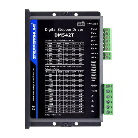 DM542T digital stepper driver module for CNC, black enclosure with green terminal blocks and StepperOnline branding