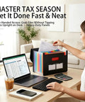 Person using 13 Pocket Expanding Accordion File Organizer With 6 Section Dividers for A4 and Letter Sized Documents on desk