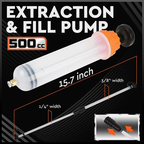 HORUSDY 500cc fluid extractor syringe for automotive oil transfer; transparent barrel with orange cap (front view)