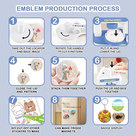 Emblem production steps for One Handed Button Maker Press Kit For DIY Crafts 55mm And 35mm with bunny handle and accessories