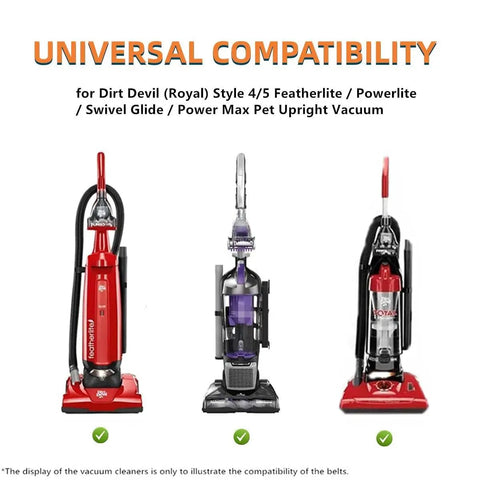 Universal compatibility with Dirt Devil (Royal) vacuums for Premium Style Five Replacement Belts Compatible With Dirt Devil Royal Upright Vacuums Power Max Pet Featherlite Swivel Glide Series Pack Of Two Keep Your Vacuum Cleaning Like New With These Strong Belts.