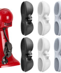 Six Piece Appliance Cord Organizer Kit For Kitchen Cords Stick On Cord Wraps with red mixer, six black and white organizers shown