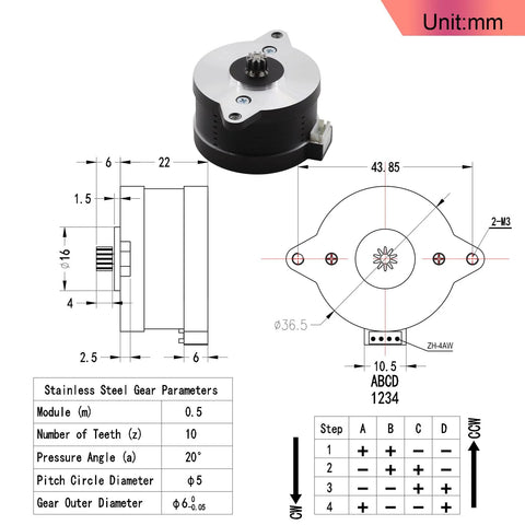 NEMA 14 pancake stepper motor with mounting flange; front and side dimension diagram showing 36 mm diameter and 4-wire connector.