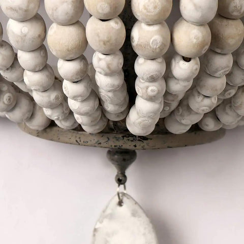 Close-up of Vintage Wood Bead Wall Lamp Set Gray White 2 Pack Hardwired For That Old School Retro Vibe Bedroom Fixture Beads