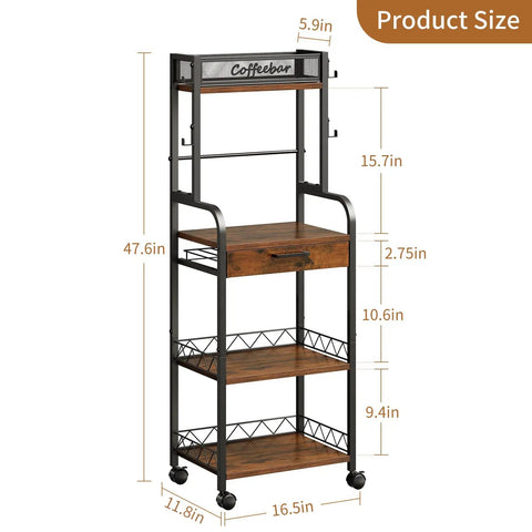 Top Shelf Five Tier Coffee Station Cart With Slick Rolling Wheels And Ample Cabinet Space Plus Sturdy Mounts For Single Serve Packs And Spacious Racks Built For Your Daily Grind Home Bar Display Or Cozy Kitchen Area, showing size dimensions.