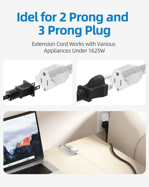 Flat Plug Indoor Extension Cord 6 Foot 3 Prong With Grounded Outlet for home office and travel space saving angled plug