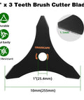 Diagram of 10 Inch 3 Tooth Carbon Steel Brush Cutter Blades with measurements and features in black, for straight-shaft trimmers.