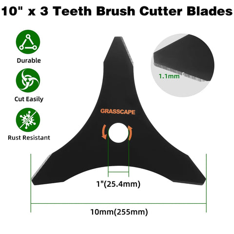 Diagram of 10 Inch 3 Tooth Carbon Steel Brush Cutter Blades with measurements and features in black, for straight-shaft trimmers.