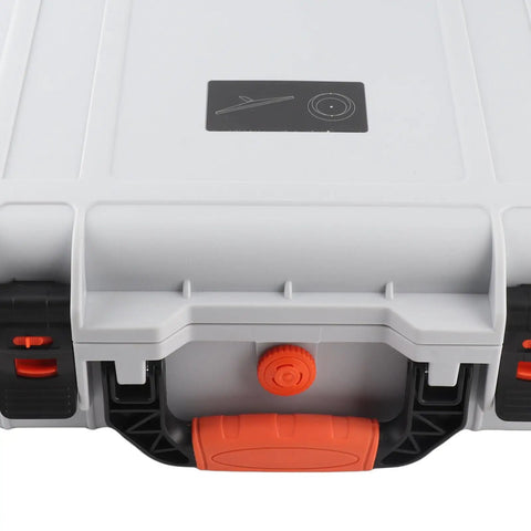Close-up of the Precision Cut Foam Insert Hard Case with IP67 waterproof seal, orange latch and handle for satellite dish accessories.