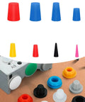 Heavy Duty Silicone Tapered Plug Kit 110 Pieces Set Includes 1/16 To 5/8 Inch Stoppers For High Temp Sandblasting, Spraying, And Coating Jobs Where You Need Tight Seals And Reliable Hole Plugging Power For Every Industrial Project. Assorted silicone tapered plugs on metal part