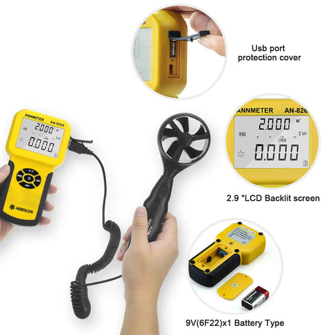Beast HVAC Anemometer Handheld Wind Speed Meter For Airflow And Temperature 0.001 To 100 Mph With Five Percent Accuracy And 1.8 F Temperature Precision Includes Meters Per Second Feet Per Minute Knots Kilometers Per Hour And Miles Per Hour. yellow handheld anemometer with LCD, probe fan, USB cover, and 9V battery
