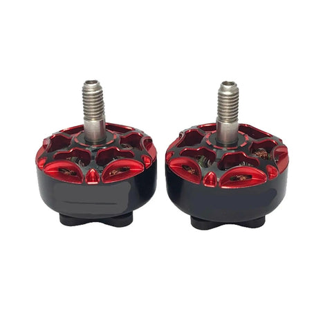 Two Beefy 2207 Brushless Motors 1850KV And 2550KV for 5 Inch Drones with red accents and sealed bearings.