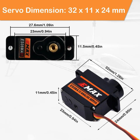 ES08MA II 12g Mini Metal Geared Analog Servo For RC Cars And Helicopters Pack Of 4 with size dimensions labeled