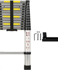 Telescoping Aluminum Ladder 14.5 Feet For RVs And Campers Compatible With Lippert On The Go Units Lightweight Collapsible Extension Ladder With Stabilizers For Roof Access And Outdoor Maintenance, folded with stabilizers